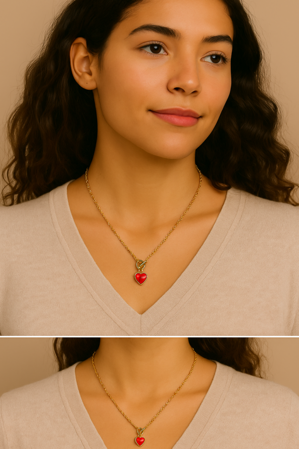 Collar de corazón rojo con broche T - Imagen 4